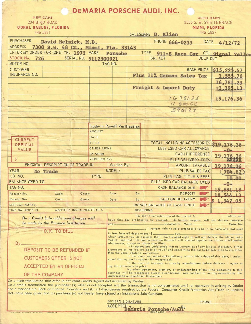 Rechnung Porsche 911 S VIN 9112300921