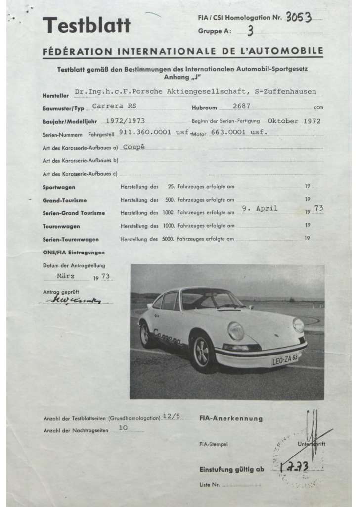 Porsche 911 Carrera RS FIA Homologation