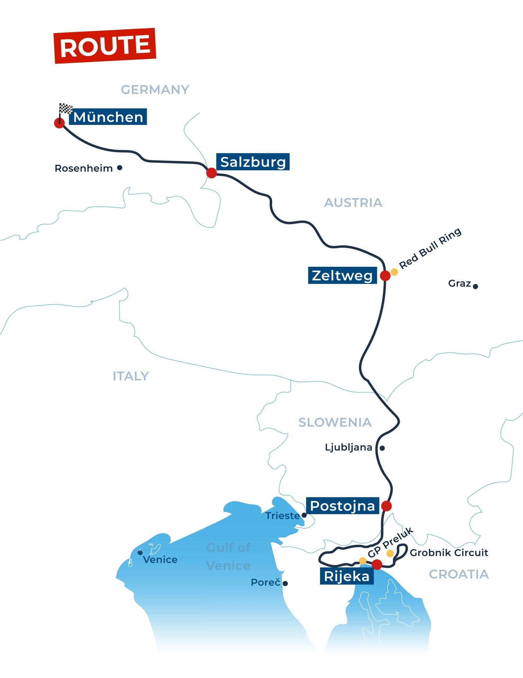 Target Bavaria Rallye 2024 - Route from Rijeka, Croatia through Slovenia and Austria to Munich in Germany