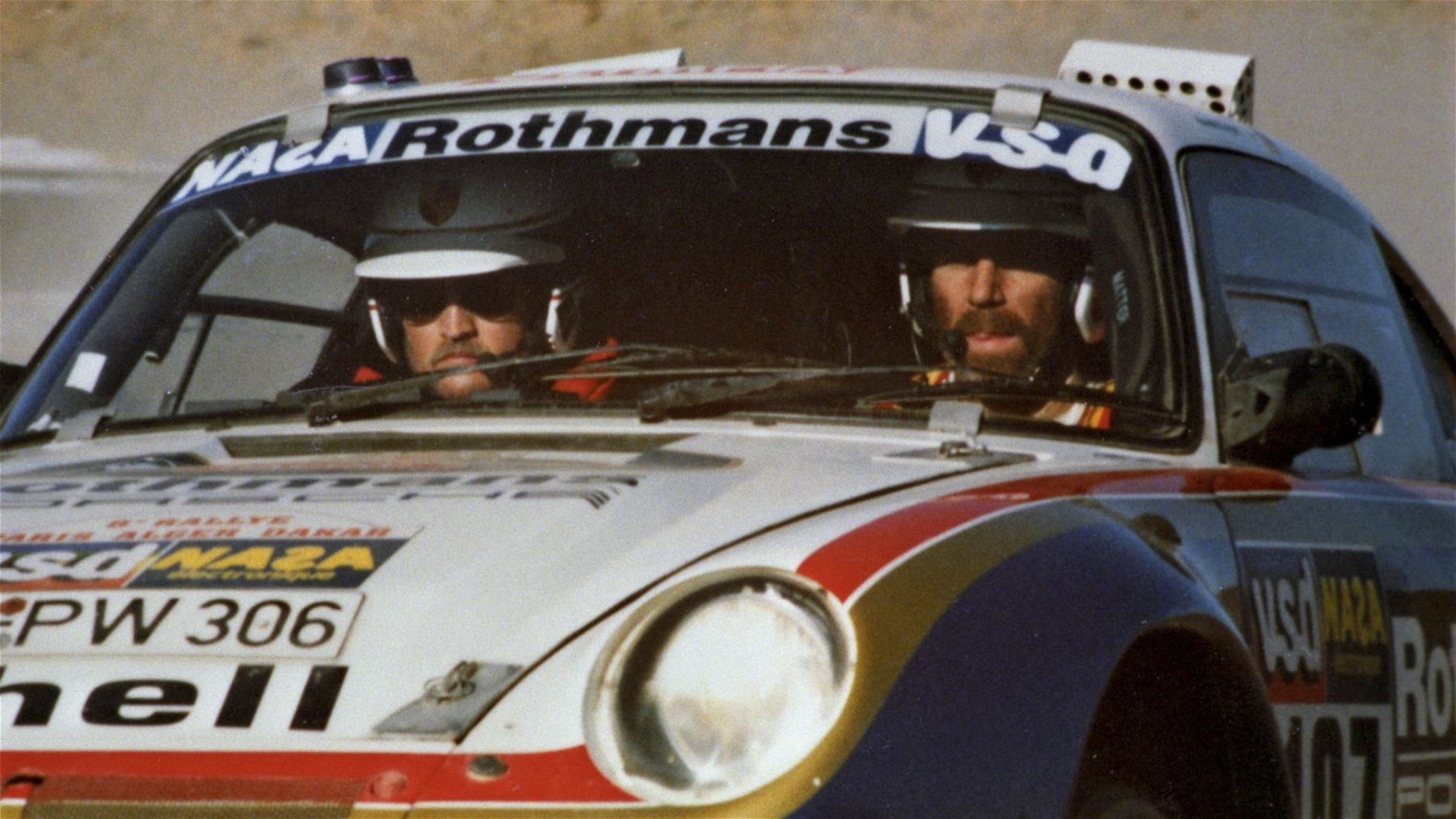 Roland Kussmaul at the Paris Dakar Rally 1984 driving a Porsche 959