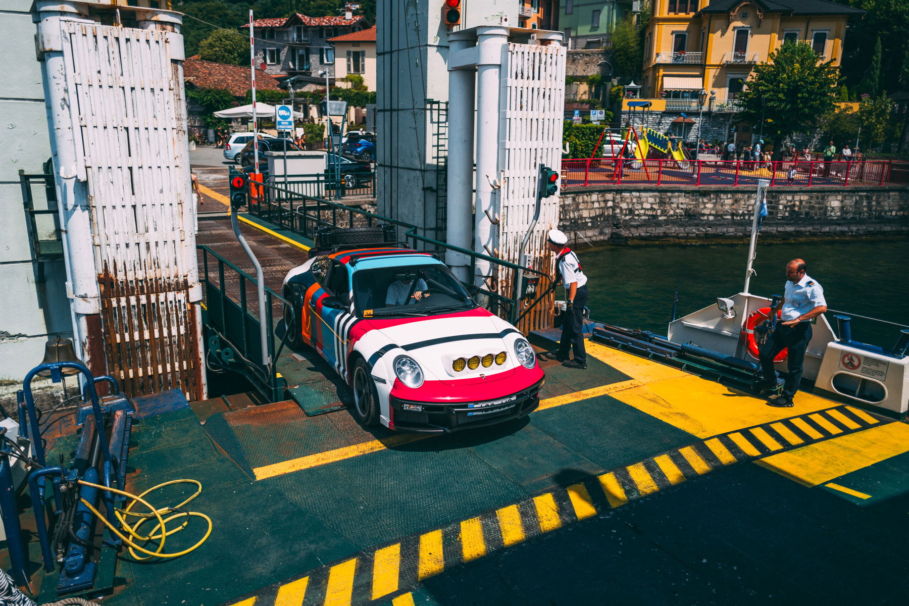 KALMAR Beyond Adventure RS-7 Safari Porsche 911 entering a ferry at Lake Como